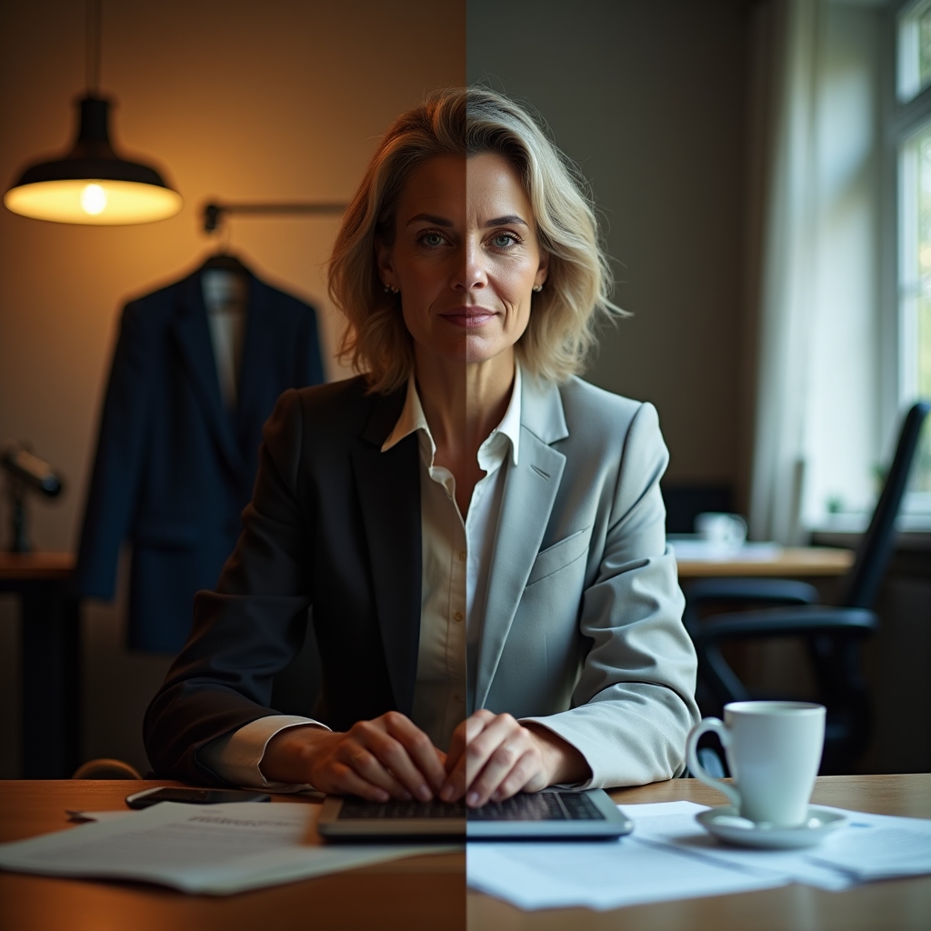 Femeie într-un birou acasă, în tranziție de la un job de angajat la propria firmă